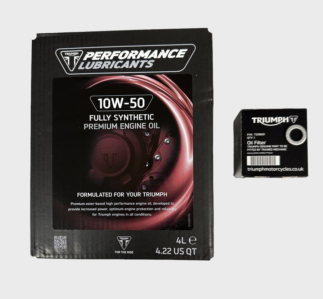 Triumph Performance 10W-50 Oil, Spin on Oil Filter and Crush Washer Change Kit